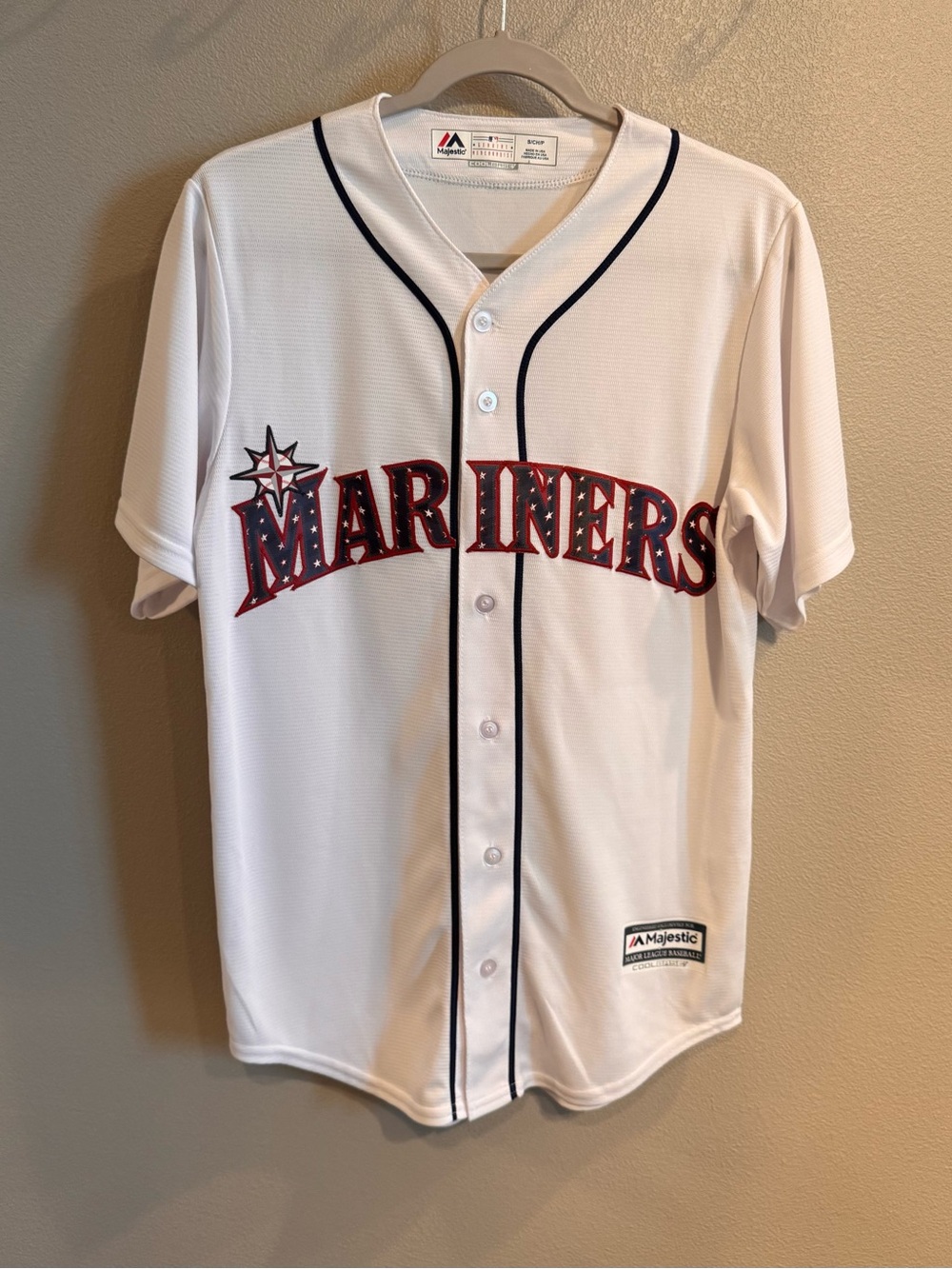 Majestic White Men’s Seattle Mariners Jersey with Navy & Red Accents